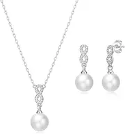 [Philip Jones] Silver Plated Infinity Pearl Drop Set Created with Zircondia® Crystals, Shell Pearl, Shell Pearl