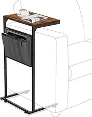 CATZONS C Shaped End Table,Slim Side Table with Bag for Couch and Recliner,Sofa Tray Desk for Living Room, Bedroom Rustic Brown/Black