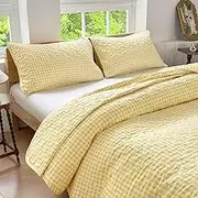 Yellow Gingham King Quilt Set, Soft Pre-washed Microfiber Yellow Plaid King Bedspread, Lightweight Checked Summer Quilt, Grid Bedding Coverlets for All Seasons (Includes 1 Quilt, 2 Pillow Shams)