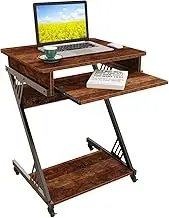 ALISENED Computer Desk for Small Spaces,23.6" Z-Shaped Compact Study Table with Smooth Keyboard Tray,with Wheels and Bottom Shelves for Home Office，Computer Cart Mobile Laptop Cart