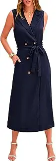 [BTFBM] Casual Business Dress 2024 Summer Work Office Lapel V Neck Slit Belted Sleeveless Button Down Dresses with Pockets