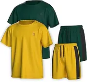 [Essenclo] Boys Clothing Sets Tagless Loose Athletic Performance Crew Neck T-Shirt and Short Outfits Size 3-16 (4 Piece Set), Set-12, 9-10
