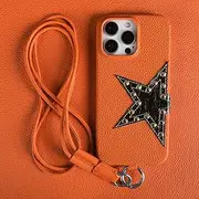 for iPhone 14 Pro Leather Case Strap Crossbody Lanyard Phone Cover(for iPhone 14 Pro/Orange 6308)