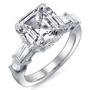 2.30 Ct. Asscher Cut, Baguette & Round Diamond Engagement Ring F,VS2 GIA 18K