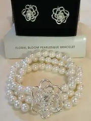 AVON 2009 Vtg. Silvertone Floral Bloom Pearlesque Bracelet w/Bonus Earrings! NIB