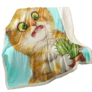 Funny Ginger Cat Playing with a Cactus Throw Blanket