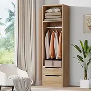 ALFORDSON Wardrobe Cabinet with 2 Sliding Drawers, Hanging Rod and Open Shelf Wood Color, Wooden Closet 50.5X 40x 185 cm, Dresser Clothing Organizer Clothes Storage Cupboard for Bedroom Living Room