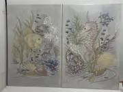2 Vtg Ceramic LG Tile Sea Mural Retro Wall Art Seahorse Fish Shell Coral Bubbles