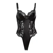 Women Leather Lace Bodysuit Sexy Hot Mesh Transparent Underwear Lingerie Patchwork Skinny One Pieces black XXL