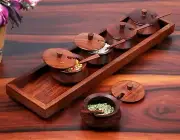 Wooden Serving Jars Set with Tray & Spoons Rectangular Mukhwas Tray Set