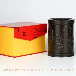 黑檀木雕刻八子送福筆筒擺件 紅木工藝品 實木制筆筒定制刻字清倉