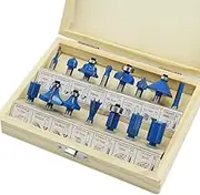 AIMALL 15X 1/2 1/4 inch Router Bits Set Woodworking Tool Cutter Shank Tungsten Carbide, Precision Cutting, Durable Alloy Steel, Includes Wooden Storage Case
