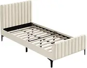 OIKITURE Velvet Bed Frame with Headboard, Wooden Bed Frame Platform Reinforced Bracket Support, Modern Design, Capacity 150KG, 219x116x104CM, for Kids Toddler and Adult, Beige