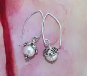 Freshwater Pearl Bali Bead Cap Sterling Silver Hook Dangle Earrings Handcrafted