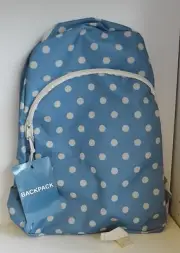 NW School Back Pack BackPack Beige BLUE Polka Dot Zipper Pouch Carry Lightweight