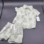Carter's Baby Boy 0-3M - 2 Piece Outfit Set Green Pineapple Shirt & Shorts NWT
