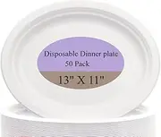 Premium Disposable Plates 50-Pack 13-Inch Compostable Oval White Dinner Plates Heavy-Duty Sturdy Biodegradable Plates for Large Meals, Parties, Weddings, BBQs, Christmas, Microwave Safe - Extra Large