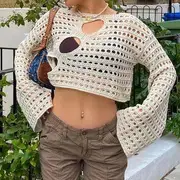 Cut-Out Crochet Crop Knit Top Army Green - S