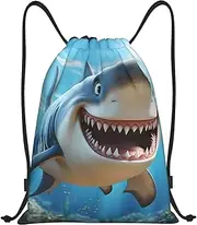 [BTCOWZRV] Cartoon Shark Swimming Drawstring Backpack Bag Waterproof String Bag Sports Gym Bag Sackpack Cinch Bag