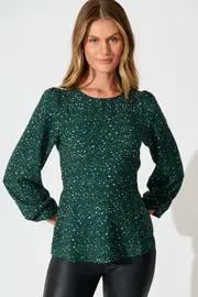 Petra Top Full Length Sleeve in Green Emerald Multi Spot Crepe 8