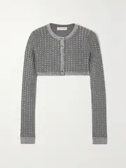 [Valentino Garavani] Valentino Garavani - Cropped Crystal-embellished Ribbed Wool Cardigan - Gray - medium medium Gray