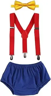 [IWEMEK] Baby Boys Kids First Birthday Cake Smash Outfits Adjustable Strong Clips Suspenders Pretied Bowtie Bloomers Clothes set