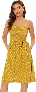 [Allegra K] Women's Polka Dots Tie Waist Smocked Spaghetti Straps Midi Dress