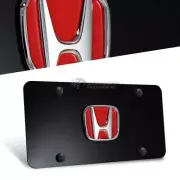 3D Red HONDA Logo Front Gloss Black Stainless Steel License Plate Frame W/ Caps