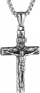 [HZMAN] Stainless Steel Jesus Crucifix Cross Necklace Religious INRI Cross Pendant for Men Women with 24" Chain Jewelry Gift