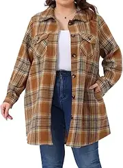 [Agnes Orinda] Women's Plus Size Plaid Shacket Jacket Long Sleeve Button Down Flannel Shirts Fashion Jacket