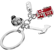 [Holibanna] Firefighter Keychain Fireman Keyring with Red Fire Truck Helmet Hatchet Charm Fire Academy Graduation Fireman