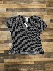 Talbots Womens Pullover Top Black White Stripes V Neck Rayon XL VTG Y2K NEW
