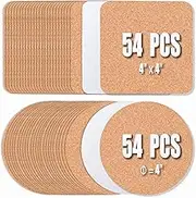 108 Pcs Cork Coasters 4 Inches with Adhesive, Cork Sheets Mats Bulk for Drinks, Plants, DIY Crafts, Office, 54 Pcs Curved-Edge Squares Cork Tiles and 54 Pcs Round Cork Pads (4"x 4", AU)