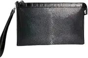 [KOehLy] Authentic Real True Stingray Skin Men's Patchwork Wristlets Envelop Bag Genuine Exotic Crocodile Leather Male ZIP Clutch Purse Black large capacity clutch bag, Black, 26cm(Length) x 16cm(Height) x
