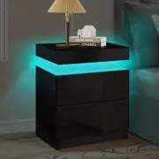 ALFORDSON Bedside Table - Perla 2 Drawers LED & High Gloss Nightstand (Black)