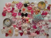 Pink Flatbacks Gems Pearls Rhinestones Kawaii Random Craft Set Cell Badge Reel