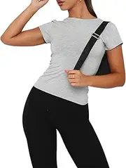 [OOHOKAY] Women's Basic T-Shirt Summer Y2K Slim Fit Tops Tee Shirts Short Sleeve Crop Tops Plain Elegant T-Shirt
