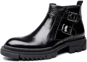 [Generic] Waterproof Ankle Boot for Men High Top Boot Pull On StyleGenuine Leather Monk Strap Zipper Round Toe Middle Heel Easy Care Men's Leather Shoes