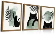 Framed Sage Green Cat Wall Art Set of 3, Natural OAK Wood Frame Boho Cute