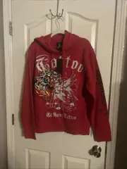 Ed Hardy Men's Tattoo Red Hoodie Size Medium New With Tags Red Pullover