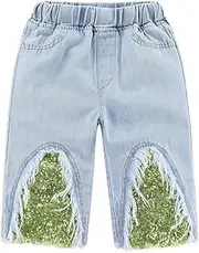 [Mud Kingdom] Girls Denim Capri Shorts Sparkly Sequin Fashion Wide Leg 2-7Y Ripped, Green, 2 Years