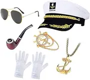 6 Pcs Yacht Captain Costume Accessories Set, Sailor Hat and Scarf Set, Include Adjustable Costume Hat, 2x Vintage Anchor Badge Sailor Accessories, Pilot Sunglasses, Gloves and Toy Pipe