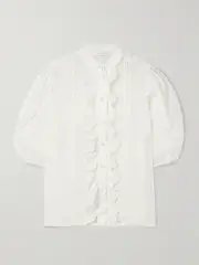 [Zimmermann] Zimmermann - Acacia Ruffled Embroidered Ramie Blouse - Ivory - 00 00 Ivory