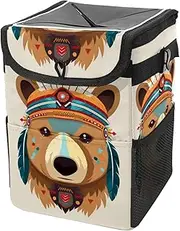 Car Trash Can with Lid and Storage Pockets Leak-Proof Organizer,Multipurpose Trash Bin for Car,Ethnic Cartoon Indian Bear
