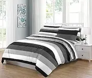 MK Home Textile Stripe Duvet Cover Set, 100% Cotton Rich 200 Thread Count Soft Reversible Quilt Covers White | Red | Black | Grey Bedding Sets Double King Super King Size (Grey Stripe, King)