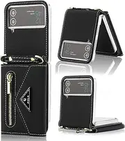 XIMAND for Z Flip Case with Zipper Wallet, Black Phone case with Strap for Samsung Galaxy Z Flip 4 (Black,Galaxy Z Flip 4)