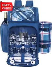 Picnic Backpack for 4 Insulated Cooler Wine Holder Blanket Cutlery Set Blue