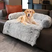 Dekeyoo Waterproof Calming Dog Bed, Pet Couch Protector Plush Dog Mat Dog Sofa, Pet Furniture Cover with Soft Neck Bolster, Machine Washable Silver Gray Large