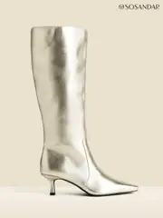 Sosandar Gold Knee High Low Heel Boots (AH9295) | $381
