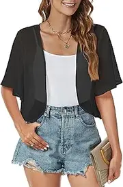 [Gosunny] Women's Festive Bolero Shrugs Summer Elegant Cardigan Chiffon Short Sleeve Casual Cardigan, 02 Black, XL